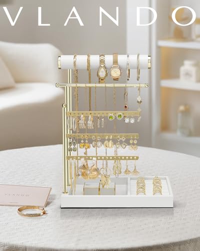 VLANDO Jewelry Stand Organizer with Ring Holder, Jewelry Holder Organizer with Tray, Necklace Holder Bracket Holder Earring Holder - White - color: White