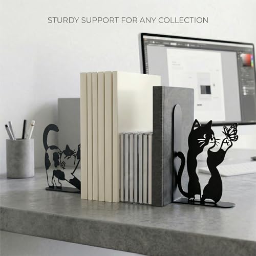 Cute Cat Bookends Metal Black Cat Book Ends for Shelves Bookshelf Decorative Accessories Home Office Desk Bookshelf Decor Cat Lover Gifts for Women