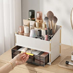 INVSSENE Stackable Makeup Organizer Countertop, Storage Perfume Skincare Cosmetic Lipstick Face Mask Makeup Brush Palettes, Ideal for Vanity Bathroom Counter - color: 3514 White+Coffee