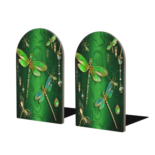 Dragonflies L-Shaped Book Ends 1 Pair Wood Bookends Green Book End Supports for Heavy Book Shelf Holder Home Decorative - color: Dragonflies
