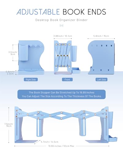 Heavy Duty Bookends Adjustable Book End, Desk Book Holder for Shelves, Book Organizer for Desk, Suitable for Office Home School (19.69 inches Max) (Light Blue) - color: Light Blue