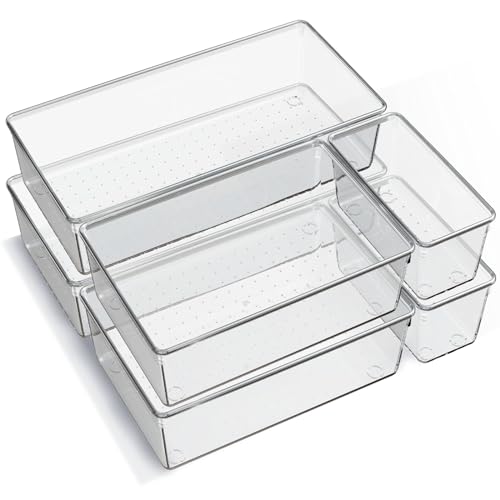 6 Pack Large Clear Plastic Drawer Organizer Trays, Acrylic Kitchen Drawer Organization and Storage Dividers, Non-Slip Storage Bins for Makeup, Kitchen Utensils, Bathroom, Jewelries and Office Desk - size: 6 Pack