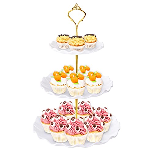 BACUTHY 3 Tier Cupcake Stand Holder, Plastic Cup Cake Stand Towel with Tiered Serving Tray for Cupcakes, Donuts, Fruits and More, White (White) - color: White