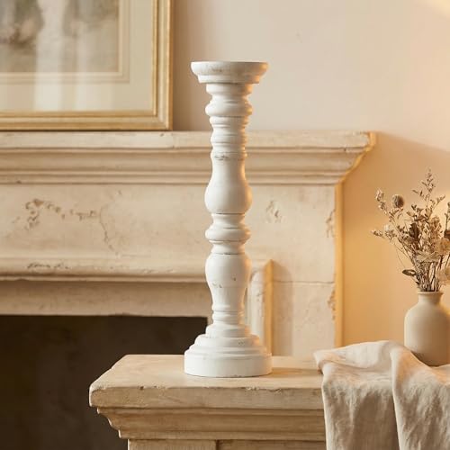 Farmhouse Rustic Candle Holder for Pillar Candle, Vintage White Wooden Pillar Candle Holder, Vintage Candlestick Holder for Dining Table, Coffee Table, Or Any Table Top (1Piece, 4.7" x 4.7" x 16") - size: 4.7" x 4.7" x 16"