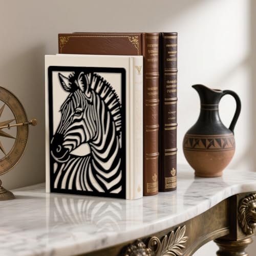 Peacoblue Metal Bookends for Shelves, Modern Decorative Heavy Duty Study Book Ends Stoppers for Office, Desk, Shelf, Room 5.3"x4.3"x7.9" Cast Iron Simple Tall Bookends 1 Pair (Zebra) - style: Zebra