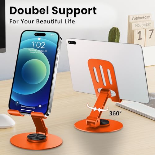 Universal Metal Cell Phone Stand, Multi-Angel Adjustable 360° Rotation Non-Slip Metal Phone Stand Compatible with iPhone 17 16 Pro Max and All Smartphones (Orange&Orange) - color: Orange&Orange