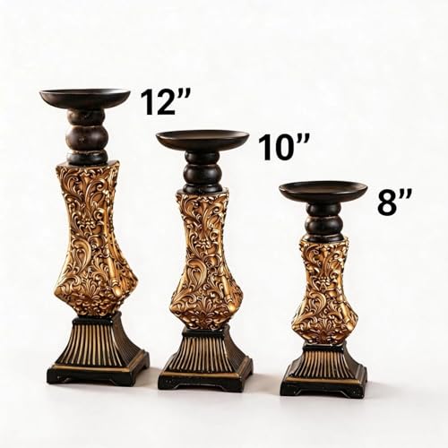 Ornate Resin Pillar Candle Holders Set of 3 Baroque Gothic Decorative Candlesticks in Black & Gold (8", 10", 12") for Home Decor, Weddings & Centerpieces