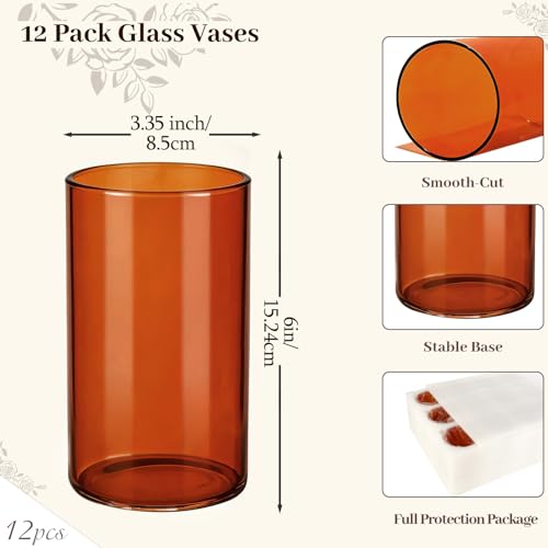 TBWIND 12pcs Amber Glass Cylinder Vases for Centerpieces, 6 Inch Bulk Flower Vases for Wedding Decorations, Hurricane Candle Holder for Floating Candles and Table Home Decor - size: 12 Pack 6 Inch - Amber