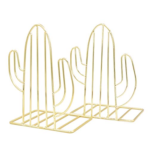 Winterworm Metal Bookends Book Ends Heavy Duty Modern Decorative for Bedroom Library Office School Book Display Desktop Organizer Gift(Cactus Gold) - color: Cactus Gold