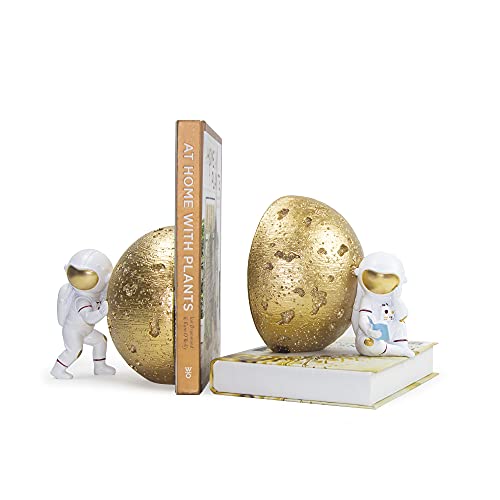 Heavy Duty Astronaut Bookends, Space-Themed Book Ends for Kids Room & Nursery Decor, Gold Moon Book Stoppers to Hold Books, Decorative Bookends for Shelves, Ideal for Boys and Girls - color: Gold