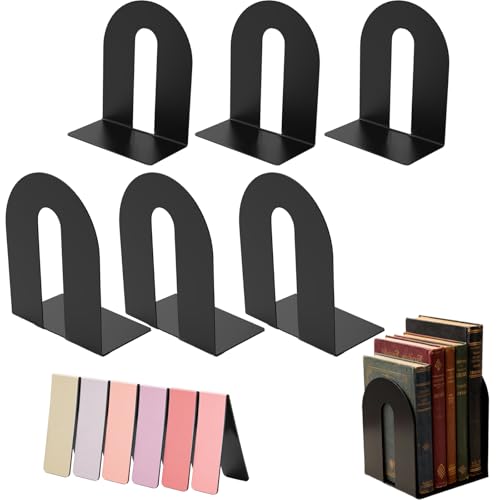 6 Pcs Metal Book Ends for Shelves, Modern Black Small Bookends Organizer, Minimalist Book Stopper & Invisible Metal Book Ends for Home Office Décor