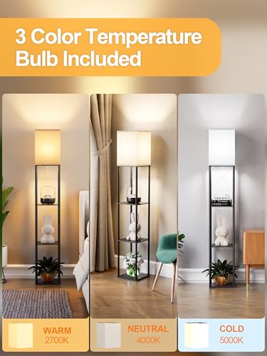 Floor Lamp with Shelves for Living Room 2 Pack, Shelf Floor Lamp with 3 CCT LED Bulb, Corner Display Standing Column Lamp Etagere Organizer Tower Nightstand with White Linen Shade for Bedroom, Office - color: Black