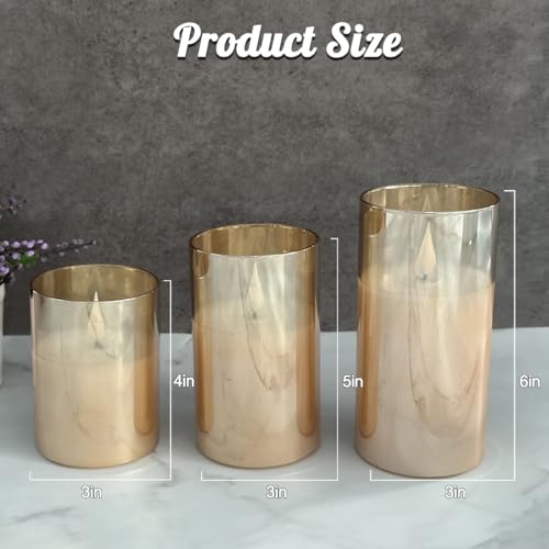 Rechargeable Flameless Candle, Flashing LED Pillar Real Wax Candle with Remote Control and Timer, Upgraded Teardrop Wick, Gold Glass Electronic Candle, 1 Set of 3 - color: Gold Glass-Droplet