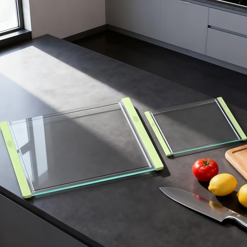 Tempered Glass Cutting Board Set for Kitchen Counter - Dishwasher Safe with Juice Grooves, Non-Slip Silicone Edges & Beveled Grip - 16"x12" & 12"x8" Serving Tray (Green) - color: Green