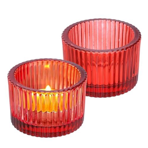 2 Pcs Tealight Candle Holder,Votive Candle Holders Glass Candle Holders Tea Lights Candle Holder for Table Centerpiece Decor Party&Home,Wedding Deco (Red) - color: Red