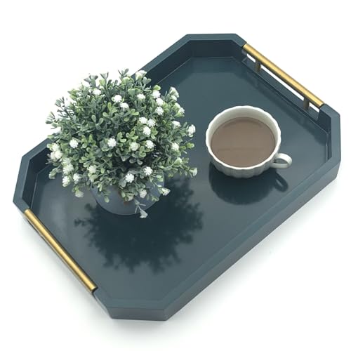 Serving Tray with Polished Metal Handles, Hexagon Coffee Table Tray, Modern Rectangle Decorative Tray, Large Ottoman Tray, Perfect for Storage and Display (Teal Rectangle) - color: Teal Rectangle
