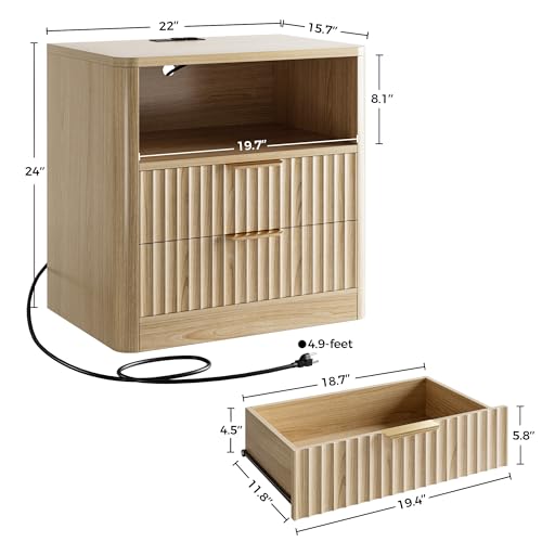 IRONCK Fluted Night Stand Set of 2, Modern Nightstand with Charging Station, Drawers and Open Shelves - Bedside Table Wood Side Table Set for Bedroom, Oak - color: Oak