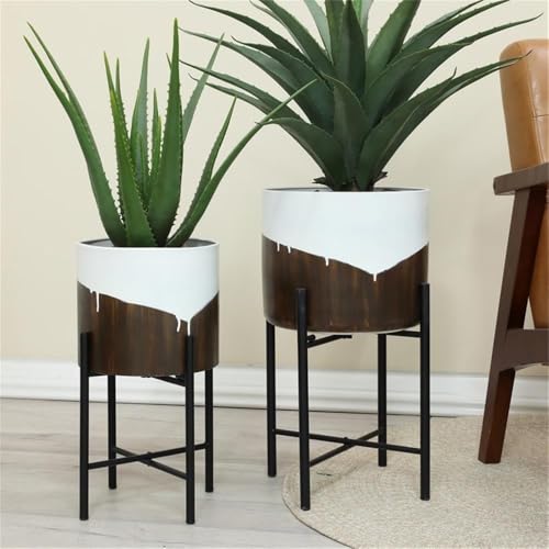LuxenHome Modern Planter Pots, Set of 2 Planters for Indoor Plants, White and Brown Large Planters with Black Metal Stand, Flower Pots for Living Room, Office, Garden or Balcony, 10.25 & 12.5 Inch - color: E White Brown 12.5"+10.2"