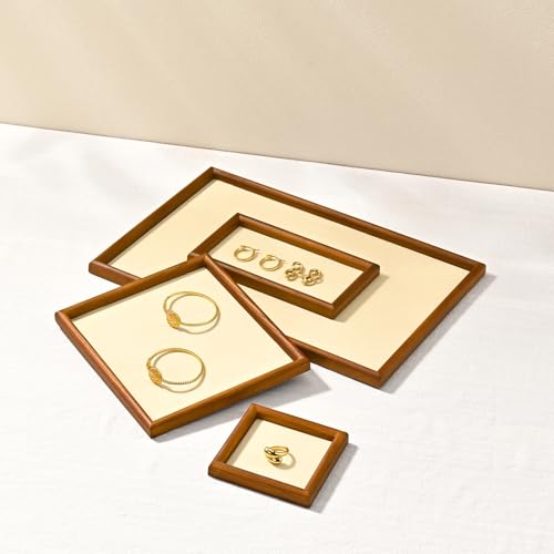 Jewelry Display Tray for Ring Earrings Necklace Bangle Solid Wood Jewelry Dish Tray Catchall(S,Beige) - color: Beige, size: 18 * 10 * 1.5cm
