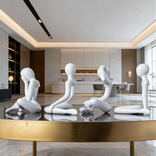 Abstract Thinker Statue Set of 4, Modern Home Decor for Shelves, Console Table & Entryway, Minimalist Neutral Aesthetic Figurines, Lightweight Safe Decor for Living Room & Office(White) - color: White