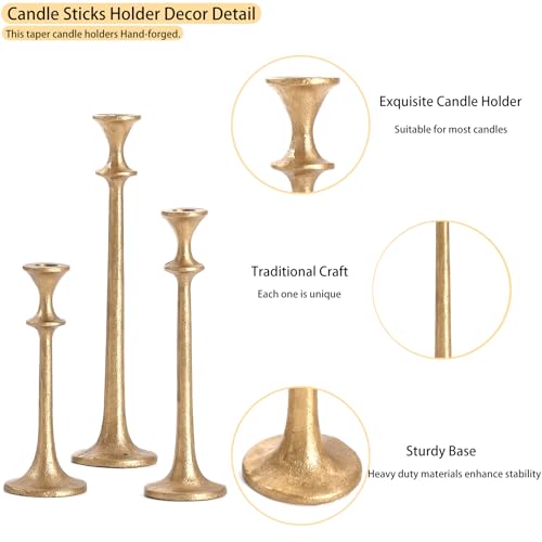 Gold Taper Candle Holders Set of 3, Heavy Candlestick Holders Decorative Candle Stand for Table Centerpiece, Cast Iron Candle Stick Holder Decor - color: Antiqued Gold 2