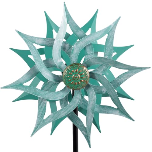 Viveta Metal Wind Spinners,53.5" Kinetic Wind Sculptures,Green Garden Pinwheels Double Layer Windmill for Outdoor Patio Lawn Yard - color: 2-green
