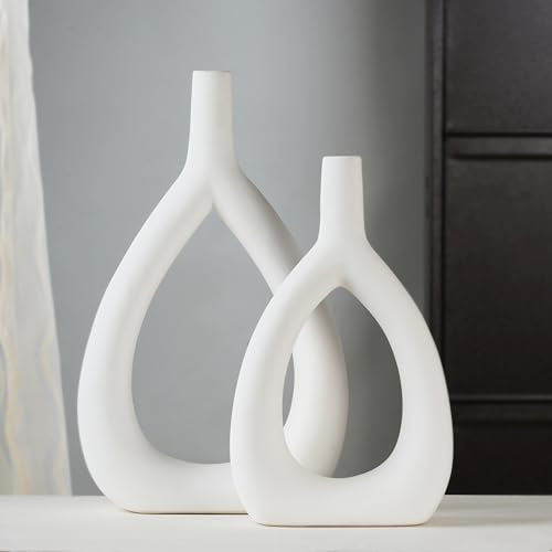 Ajuny Oval Vase Set of 2 – White Ceramic Decorative Vases, Farmhouse Style Modern Accent for Wall Decor, Bedroom, Living Room, Coffee Table, Office - style: Oval-Vase
