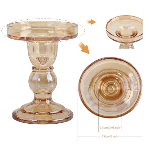 Glass Candle Holder Set of 4, Amber Candlestick Holders for Pillar Candles, 4.5" H, Candle Stand Decorations for Living Room - color: Amber
