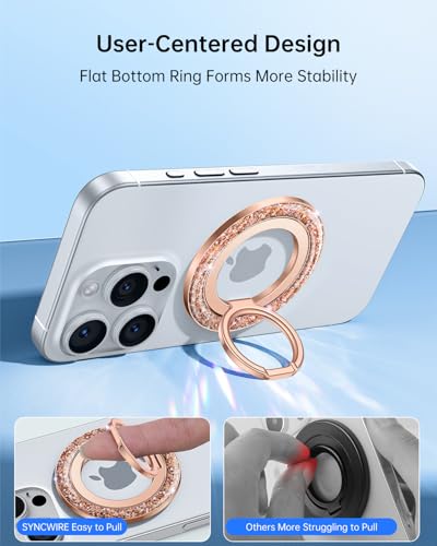 SYNCWIRE Magnetic Phone Ring Holder for MagSafe - Glitter Phone Grip Stand with 360° Rotation Finger Ring Kickstand Blingbling Compatible with iPhone 17 16 15 14 13 12 Pro Max MagSafe Accessories - color: Single Ring-1PCS-Glitter Rose Gold