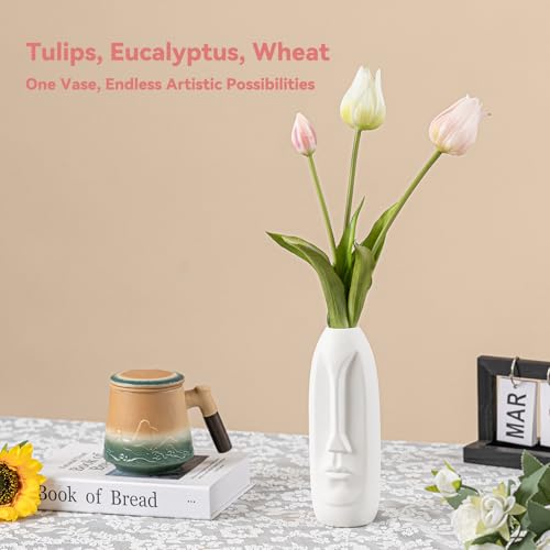 White Ceramic Face Vase - 8.4" Unique Flower Vase with Matte Finish, Decorative Boho/Farmhouse Vase for Pampas Grass & Centerpieces, Living Room/Office Desk Decor & Gift for Her/Yourself - color: White
