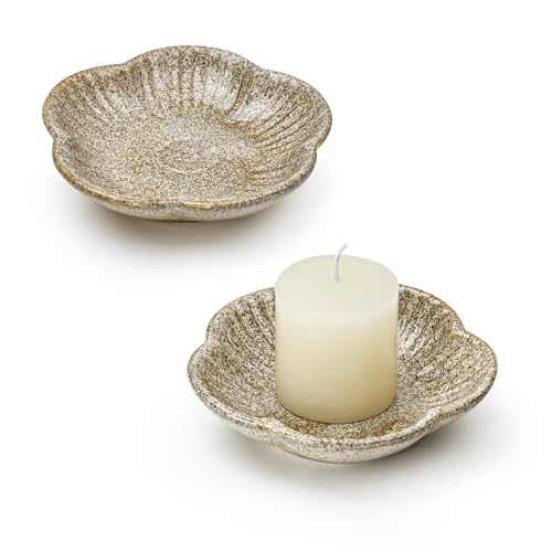 Koythin Ceramic Candlestick Holder for Pillar Candles, Floral Shape Candle Stand & Dish Bowl for Candlesticks, Incense, Decorative Ceramic Plate Tray for Table Centerpiece and Home Decor (Khaki) - color: Khaki