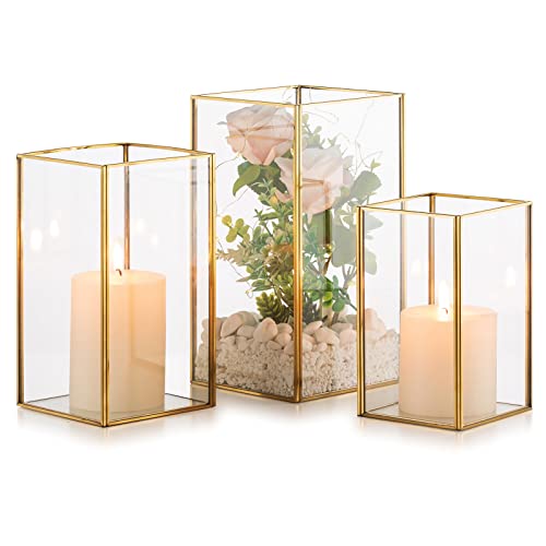 Nuptio Glass Hurricane Candle Holder Set of 3 Gold Pillar Candle Holders Large Rectangular Candleholder Table Centerpieces Decoration for Wedding Christmas Holiday Home Ornaments 9.5 & 8.1 & 6.5 inch - color: Gold, size: 9.5 & 8.1 & 6.5 inch H - 3 Pcs