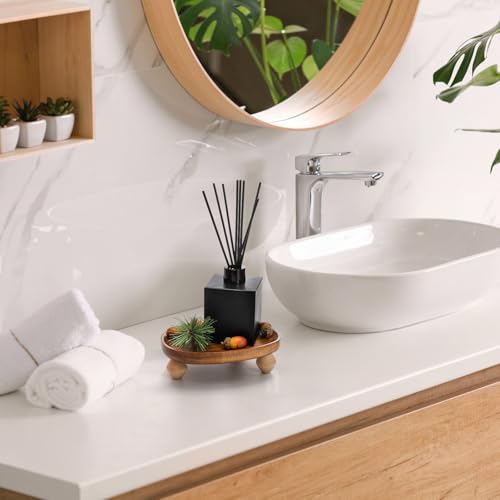 Dicunoy 2 Pack Acacia Wood Riser for Decor, 6" Small Wood Pedestal Display Stands for Kitchen Counter, Rustic Wooden Tray for Bathroom Counter, Tabletop Centerpieces, Entry Table, Farmhouse Decor