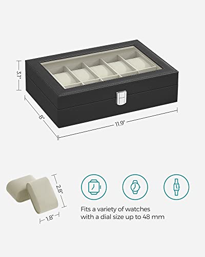 SONGMICS Watch Box, 12-Slot Watch Case Organizer with Large Glass Lid, Removable Pillows, Gift for Loved Ones, Black Synthetic Leather, Greenish Beige Lining UJWB12BE - color: Black + Greenish Beige, size: 12 Slot