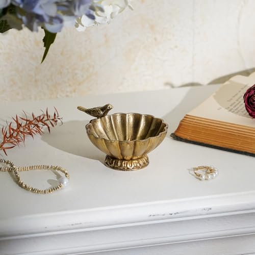NIKKY HOME Antique Trinket Bowl Dish, Vintage Golden Metal Jewelry Tray with Bird, Ring Holder Classy Birthday Gifts
