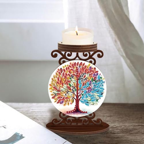 Diamond Art Painting Candlestick Holder kits, Colorful Tree DIY shaped crystal Diamond art painting, woodiness Candle holder for AromaRelax & Home Decor, Christmas Halloween Ornaments (Double-Sided) - color: Tree