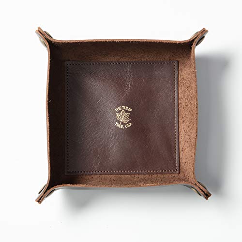 American Made Premium Leather Valet Tray, Folds Flat! Dice Rolling Basket and Organizer with Brass Rivets (Dark Walnut Brown, Medium) - color: Dark Walnut Brown, size: 5" x 5" x 2"