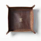 American Made Premium Leather Valet Tray, Folds Flat! Dice Rolling Basket and Organizer with Brass Rivets (Dark Walnut Brown, Medium) - color: Dark Walnut Brown, size: 5" x 5" x 2"
