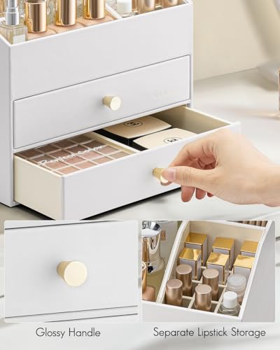 VLANDO Makeup Organizer for Vanity,Large Capacity Countertop Organizer with Drawers, PU Leather Cosmetic Display Case for Lipstick,Brushes,Skincare,Nail polish and Bedroom Storage (White) - color: 3 layers-White
