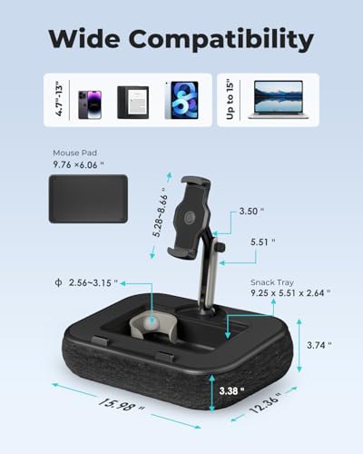 Viozon Kindle Pillow Stand Holder, Phone holder for Bed, Laptop Lap Desk with Mouse Pad,Compatible with 4.7-13" Kindle/Tablet/Phone,10-15"Laptop, Snack Bowl&Cup Attachment&Detachable 360°Stand Arm, B - color: Black