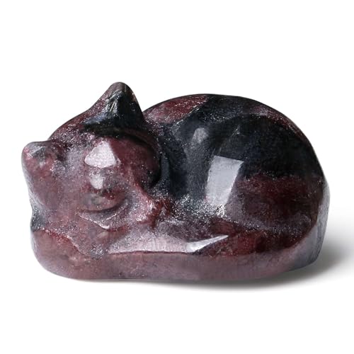 LAIDANLA Garnet Cat Healing Crystals Figurine Sleeping Cat Hand Carved Cute Statue Polished Stone Sculpture Reiki Office Room Bedroom Desk Home Decoration Gifts 1.6" - color: J-garnet