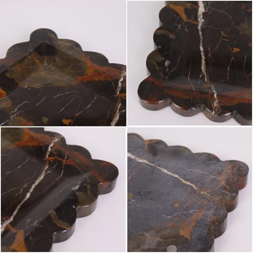 Square Marble Decorative Tray with Scalloped Edge, Luxury Natural Stone Bathroom Vanity Tray, Dresser Top Perfume Coffee Home Kitchen Sink Tray, Key Trinket Ring - color: Black Golden