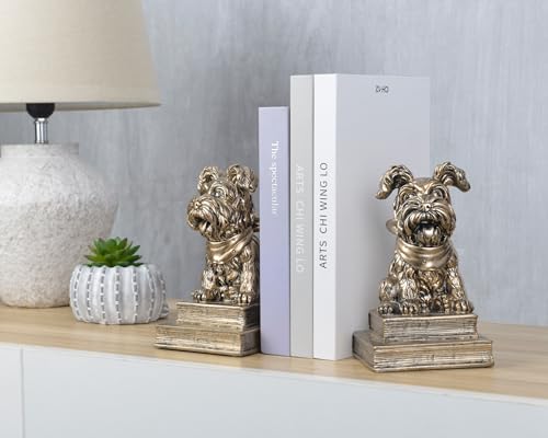 Vintage Antique Gold Dog Bookends,Decorative Book Ends for Shelves,Creative Resin Schnauzer Statues Book Holders for Desk Home Office Bookshelf Decoration,Gifts for Dog Enthusiasts - color: Gold