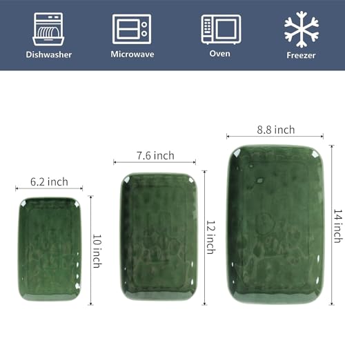 vicrays Ceramic Rectangle Serving Platters - 14" 12" 10" Porcelain Serving Trays Plates for Party BBQ Appetizers Sushi Dessert - Microwave Oven and Dishwasher Safe - Set of 3 Green - color: Green