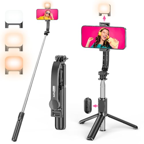 Selfie Stick Tripod with Fill Light, All in One Extendable Selfie Stick with Detachable Wireless Remote, Flexible Phone Tripod Stand Compatible with iPhone/Galaxy, Compact Size & Lightweight - style: Black & With Light