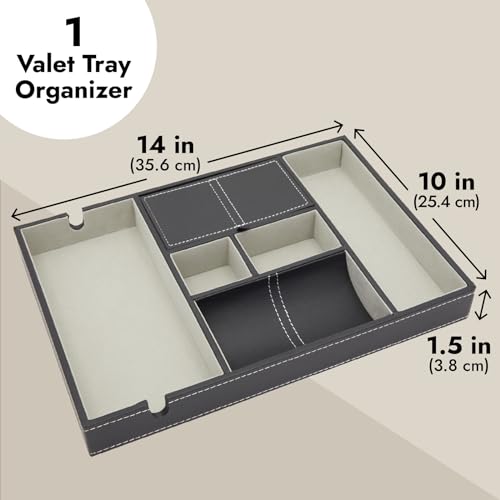 Juvale Nightstand Organizer Tray - 14 x 10 x 1.5 in, Black Faux Leather - Valet Tray for Men with 6 Compartments for Watch, Jewelry & Keys - color: Black