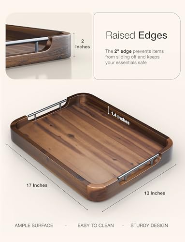 TIDITA Ottoman Tray for Living Room – 17"x13" Rectangle Serving Tray with Handles – Acacia Wooden Tray for Coffee Table, Living Room, Breakfast in Bed – Decorative Trays for Ottoman (Walnut Color) - color: Walnut Color, size: 17" x 13" x 2"