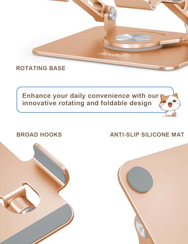 Aoviho Tablet Stand 360° Rotating Aluminum Holder, Adjustable, Portable and Foldable Monitors Stand for iPads, Compatible with 4-12.9" Tablets, Golden - color: Golden
