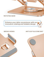 Aoviho Tablet Stand 360° Rotating Aluminum Holder, Adjustable, Portable and Foldable Monitors Stand for iPads, Compatible with 4-12.9" Tablets, Golden - color: Golden