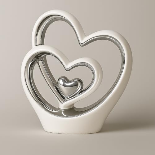 Silver Heart Ornament – Elegant Ceramic Couple Sculpture – White & Silver Tabletop Decor – Romantic Centerpiece for Living Room, Bedroom or Office – Anniversary or Valentine’s Gift